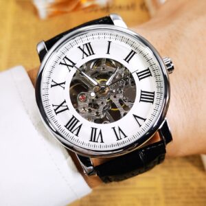 Men'S Classic Silveryy White Hollow Manual Winding Mechanical Watch with Luminous Hands